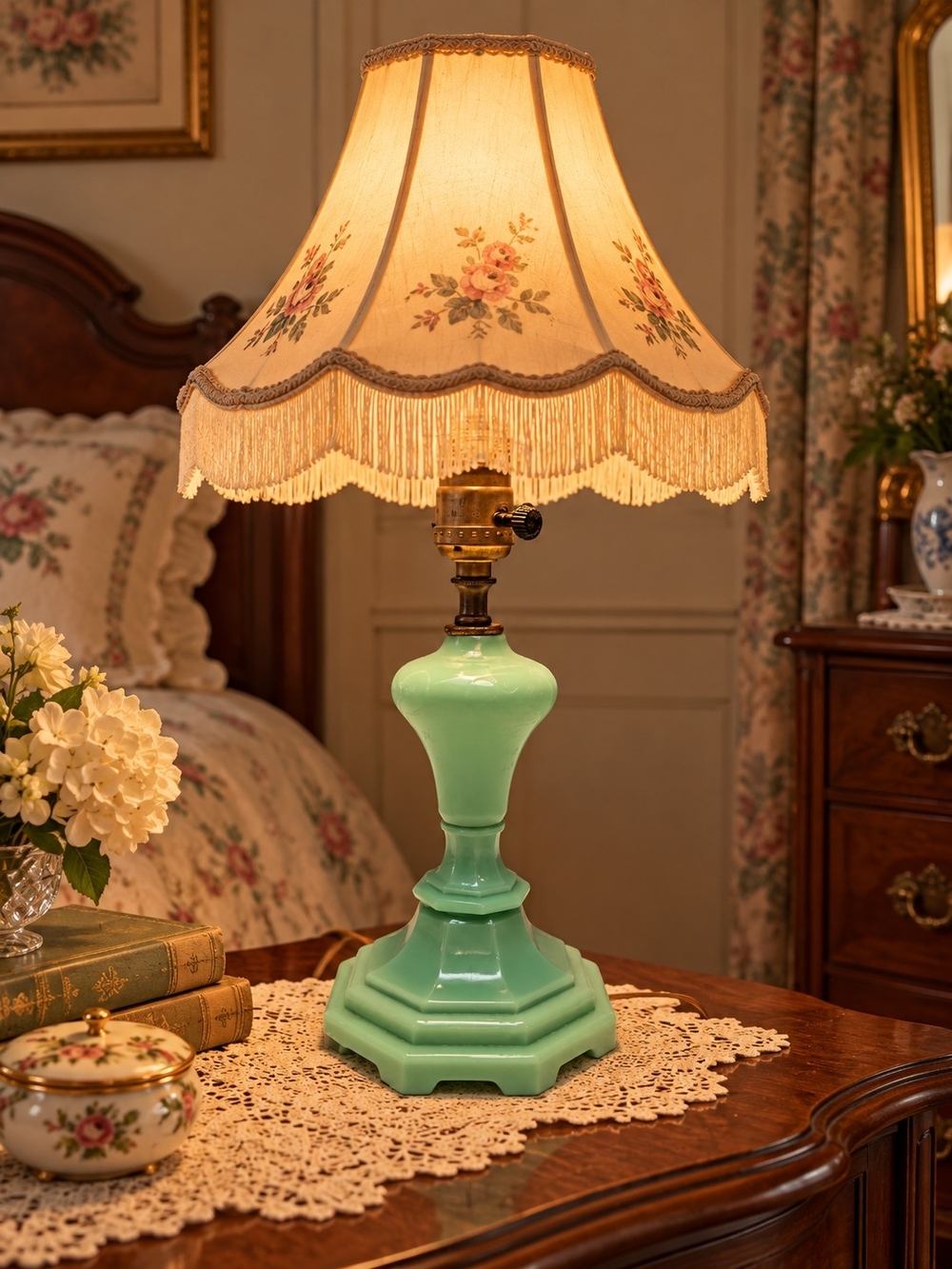 Antique EAPG Prince Edward Opaque Green Glass Lamp ~ 1880s Jadeite (Elc. Con)